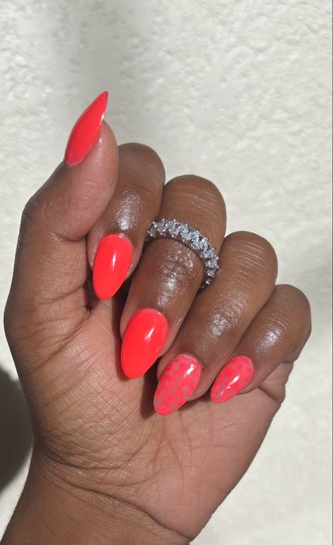 Neon coral color with a leopard/cheetah print design included. Look created by GelX, extra short, almond shaped nails Neon Almond Shaped Nails, Coral Almond Nails, Bright Almond Nails, Almond Shape Summer Nails, Feb Nails, Neon Coral Nails, Short Almond Shaped Nails, Cheetah Print Design, Almond Shaped Nails