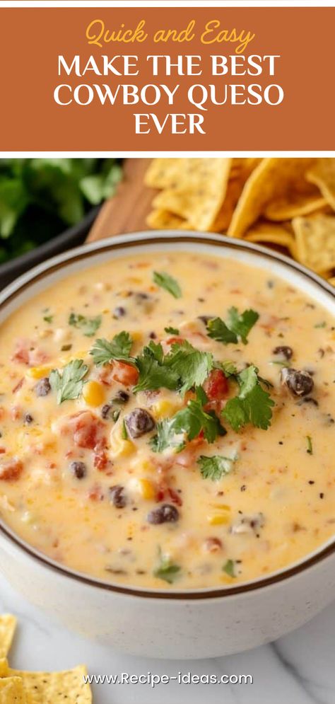 A delicious Cowboy Queso recipe showcasing a creamy, cheesy dip perfect for parties and gatherings, featuring simple ingredients for everyone to enjoy. Cowboy Snacks, Best Queso Recipe, Cowboy Queso, Best Queso, Homemade French Onion Soup, Cabbage Roll Soup, Queso Recipe, Party Dip, Ham And Beans