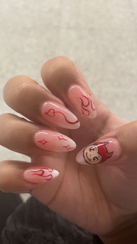 Sonny angels, devil nails, halloween nails Devil Valentines Nails, Devil Heart Nails, Devil Nail Art, Sonny Angel Nails, Devil Nails, Angel Nails, Devil Tattoo, Angel Devil, Sonny Angels