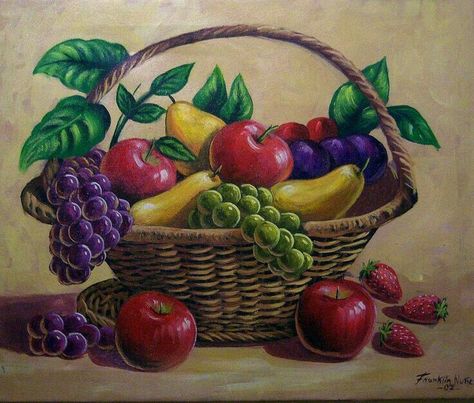 Fruit Basket Drawing, Donna Dewberry Painting, Forest Coloring Book, Basket Drawing, Fruit Picture, Fruit Illustration, Still Life Oil Painting, Fruit Painting, Tile Murals