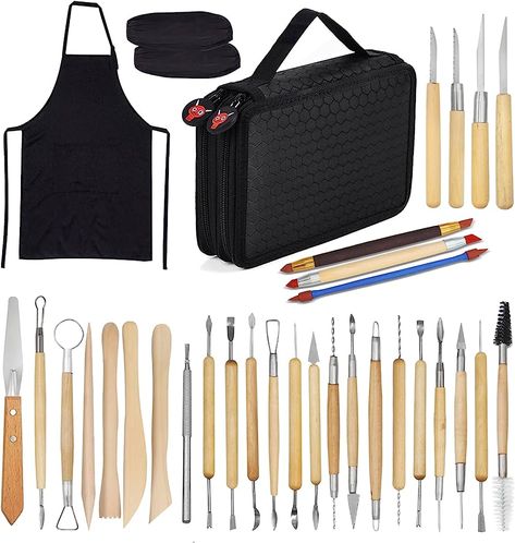 Clay Sculpting Tools,YZNlife Set of 30 Pottery Tools Clay Modelling Tools Kit Wood Clay Carving Tools Set with Storage Bag,Apron and Sleeves : Amazon.co.uk: Home & Kitchen Carving Ceramics, Pottery Wheel Diy, Electric Pottery Wheel, Clay Sculpting Tools, Pottery Sculpting, Clay Carving, Pottery Carving, Tool Apron, Clay Modelling