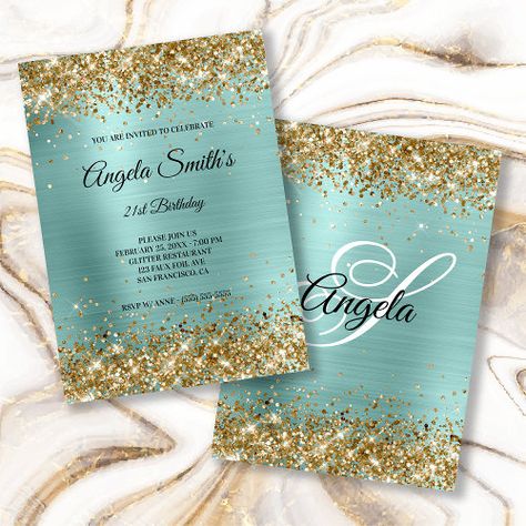 Celebrate your special day in style with this dazzling "Sparkly Gold Glitter Turquoise Foil Monogram Invitation". The vibrant turquoise foil background radiates an opulent charm, while the shimmering gold glitter monogram adds a touch of glamour and elegance.

Crafted on premium heavyweight paper... Teal And Copper Wedding, 35 Birthday Party, Hollywood Glam Party, Teal Wedding Theme, Teal And Copper, Birthday Rose Gold, Business Birthday, 80 Birthday, Halloween Party Invite