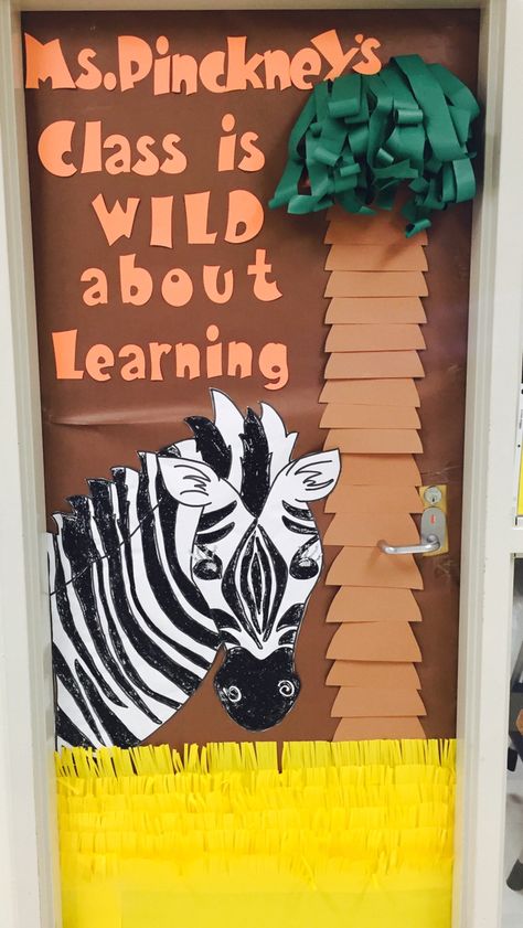 Wild about learning - my board!!! I'm proud! Zebra Bulletin Board Ideas, Wild About Learning Bulletin Board, Wild About Learning Theme, Jungle Classroom Door, Wild About Kindergarten, Wild About Learning, Jungle Theme Classroom Decorations, Safari Theme Classroom, Safari Classroom