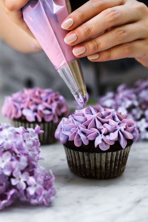 Small Batch Lilac Chocolate Cupcakes | Constellation Inspiration | party recipes | cupcake recipes | Spring recipes | party food | dessert recipes Cupcakes Design, Whipped Cream Cheese Frosting, Decorating Cupcakes, Party Food Dessert, Pink Food Coloring, Cupcake Designs, Pink Foods, Cupcake Cake, Party Desserts