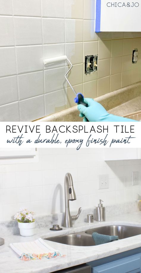 Repaint Kitchen Tile Backsplash, How To Paint Your Backsplash, Tile Paint Backsplash Kitchen, Backsplash Makeover Diy, Painting Kitchen Backsplash Tile Diy, How To Paint Backsplash Tile Kitchens, Painting Subway Tile Backsplash, Painted Tile Kitchen Backsplash, Paint Tile Backsplash Kitchen