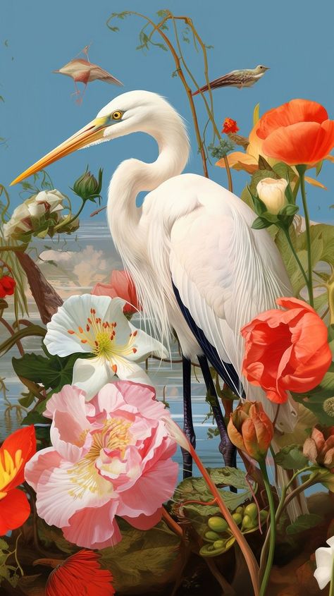 Traditional japanese stunning heron painting | Premium Photo Illustration - rawpixel Flora And Fauna Aesthetic, Egret Illustration, Heron Painting, Asian Birds, 3d Wallpaper Rose, Stork Bird, Bicycle Tattoo, Animal Body Parts, Wallpaper Rose