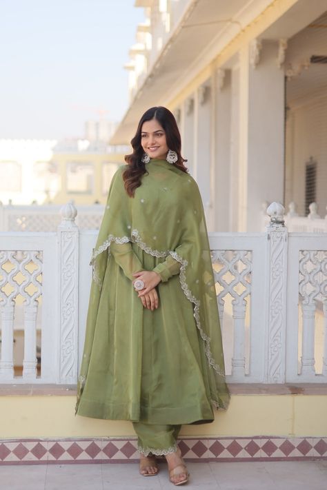 Anamika Vol 4 Silk Readymade Gown Collection Olive Green Suit, Organza Suits, Gown With Dupatta, Ritu Kumar, Punjabi Dress, Gaun Fashion, Long Kurti Designs, Kurti Designs Party Wear, Green Suit