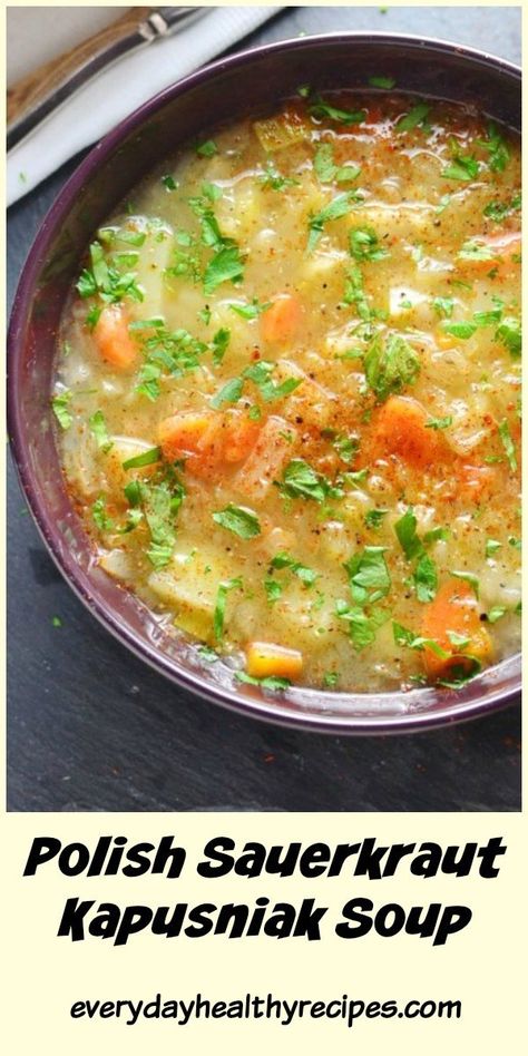 This hearty and warming Polish sauerkraut vegetable kapusniak soup is a nutritious simple recipe perfect to enjoy during winter months. #polishrecipes #polishfood #polishsoup #kapusta #sauerkraut #easysouprecipes #dairyfreerecipes #healthysoup #EverydayHealthyRecipes Kapusniak Soup, Kapusta Recipe, Polish Sauerkraut, Sauerkraut Soup, Sauerkraut Recipes, Best Soup Recipes, Hungarian Recipes, Soup And Sandwich, Easy Soups