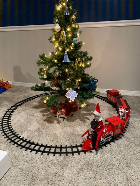 Elf On The Shelf Train Ideas, Elf Train Ideas, Elf On The Shelf Polar Express, Train Track Around Christmas Tree, Elf On The Shelf Train, Christmas Tree Platform With Train, Elf Shoe Train, Elf Tree, Books About Kindness