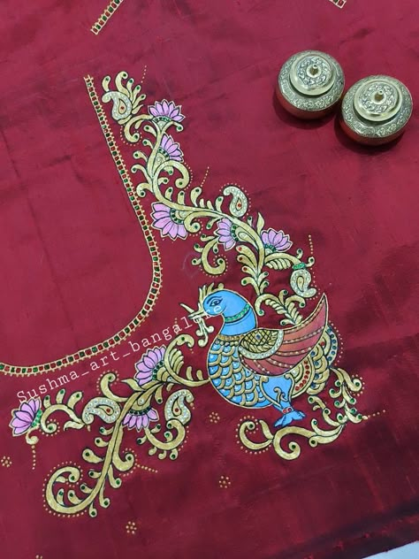 Tanjore Border Designs, Thanjavur Painting On Blouse, Tanjore Fabric Painting, Tanjavur Painting On Blouse, Tanjavore Paintings, Tanjore Painting On Blouses, Painting On Blouse, Dance Embroidery, Blouse Painting