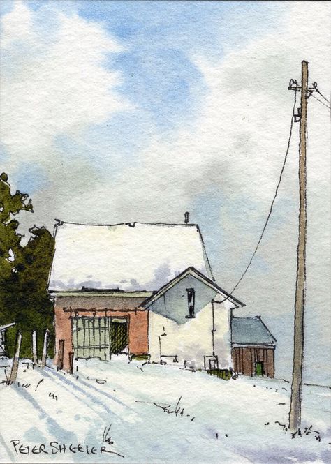 Between snowfalls | miniature watercolor | Peter Sheeler | Flickr Line And Wash Watercolor, Peter Sheeler, Line And Wash, Watercolor Barns, Watercolor House Painting, Watercolor Scenery, Watercolor Art Landscape, Pen And Wash, Watercolor Architecture