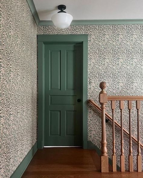 Hallway Wallpaper Ideas, Hallway Transformation, Green Woodwork, Wallpaper Hallway, Morris And Co, Entrance Hall Decor, Hallway Makeover, Castle Bedroom, Hallway Wallpaper