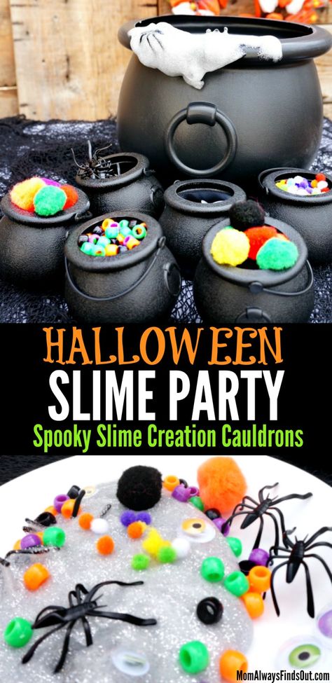 Halloween Slime Diy, Halloween Slime Party, Halloween Slime Station, Halloween Slime Ideas, Halloween Party Games Kindergarten, Slime Station Party, Halloween Slime For Kids, Slime Recipe Halloween, Slime Party Ideas