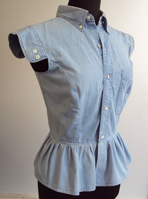 'So, Zo...': Refashion Friday Inspiration: Frill Hem Denim Shirt Remake Friday Inspiration, Mens Shirt Refashion, Куклы American Girl, Upcycle Shirt, Upcycle Sewing, Repurposed Clothing, Diy Vetement, Shirt Refashion, Upcycled Clothing