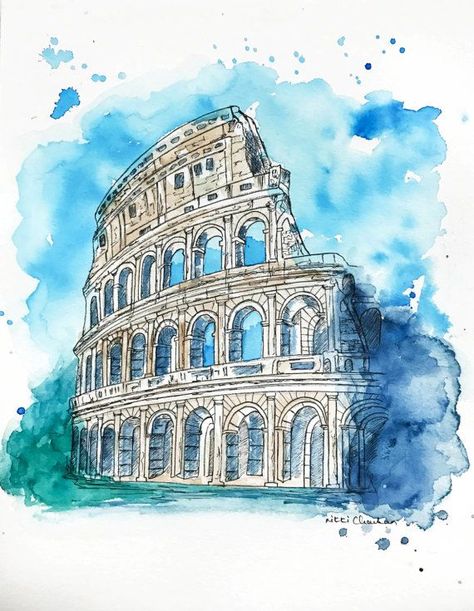 Girl Illustration Art, Cityscape Illustration, Rome Print, Art Du Croquis, 심플한 그림, Colosseum Rome, Travel Art Print, Watercolor Architecture, Abstract City