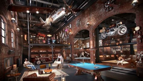 Man Cave Loft, Loft Living Space, Industrial Garage, Warehouse Living, Industrial Living, Loft Living, Loft Design, Industrial Loft, Loft Apartment