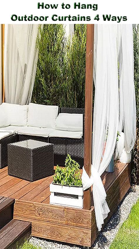 Hanging outdoor curtains is a relatively easy task that can be completed by beginner DIYers. Hanging Outdoor Curtains, Hang Outdoor Curtains, Rope Clamp, Porch Ceiling, Curtain Rod Brackets, Relaxing Outdoors, Sisal Rope, How To Hang, Outdoor Curtains