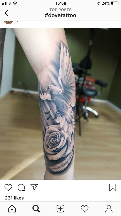 Dove With Ribbon Tattoo, Rose And Dove Tattoo For Men, Dove And Roses Tattoo, Dove Feather Tattoo, Dove Tattoo Sleeve, Bird And Rose Tattoo, Realistic Dove Tattoo, Dove Tattoo Design For Women, Dove Tattoo Men