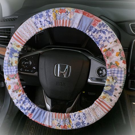 Blue Patchwork Cotton Steering Wheel Cover-Custom Fitted to Your Vehicle-Flannel Lined for Padding-Non Slip-Car Accessory Options -  #accessory #Blue #Cotton #CoverCustom #Fitted #Lined #Options #PaddingNon #Patchwork #SlipCar #Steering #VehicleFlannel #Wheel Quilted Steering Wheel Cover Pattern, Patchwork Steering Wheel Cover, Dash Decor Car, Western Steering Wheel Cover, Car Decorations Interior Blue, Floral Car Decor, Car Themes Interior, Aesthetic Car Interior Decor, Beachy Car Interior