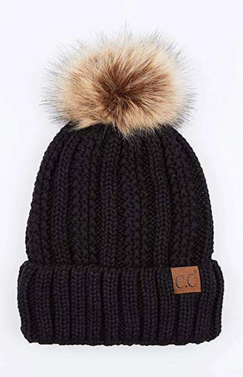 Cute Winter Hats, Gray Accessories, Cute Beanies, Cc Beanie, Kids Beanies, Beanie Style, Black Beanie, Beanie Pattern, Faux Fur Pom Pom