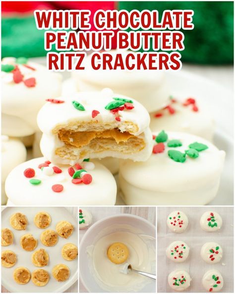 Ritz crackers filled with peanut... - To Simply Inspire Peanut Butter Ritz Crackers, Andes Mint Cookies, Christmas Cookies Bars, Puttin On The Ritz, White Chocolate Peanut Butter, Peanut Butter Crackers, Ritz Cracker Recipes, Dipped Treats, Eggnog Cheesecake