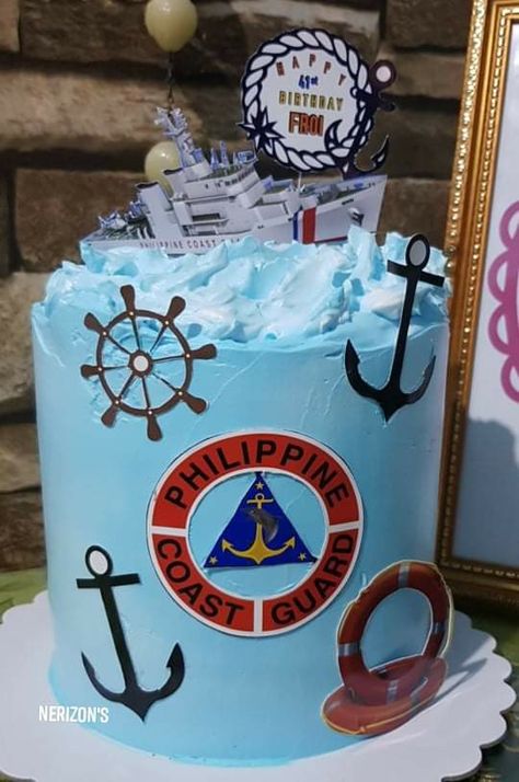 Coast guard themed cake Coast Guard Cake Ideas, Coast Guard Themed Party, Coast Guard Cake, Philippine Coast Guard, Chemistry Cake, Coast Gaurd, Coast Guard Academy, Welcome Back Home, Birthday Greetings Friend