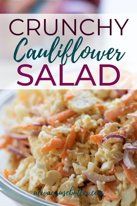 This crunchy cauliflower salad is the perfect side dish for all your summer barbecues! The mixture of cauliflower, carrots and red onions in a tangy mayonnaise dressing gives it a texture like slaw. It's quick and low-carb, and it's going to be your go-to for summer get-togethers. Raw Cauliflower Salad, Crunchy Cauliflower, Salad Coleslaw, Mayonnaise Dressing, Vegetarian Salad, Raw Cauliflower, Healthy Vegetable Recipes, Vegetarian Sides, Onion Salad