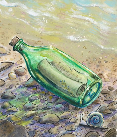 Snail Sketch, Ocean Illustration, Instagram Message, Ink And Watercolor, Message In A Bottle, Beach Painting, Water