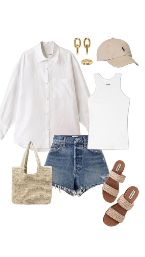 White Shirt Jean Shorts, Stockholm Style Summer, Minimalist Wardrobe Capsule, Ralph Lauren Cap, Summer Holiday Outfits, Desert Fashion, Simple Summer Outfits, Summer Trends Outfits, Outfit Layout