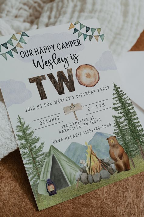 One Happy Camper Birthday Invitations, Second Birthday Camping Theme, Camp Birthday Invitation, Camping 2nd Birthday Party, Camping Second Birthday Party, 2nd Birthday Camping Theme, Two Year Old Camping Birthday, Birthday Camping Ideas, Camping Birthday Theme