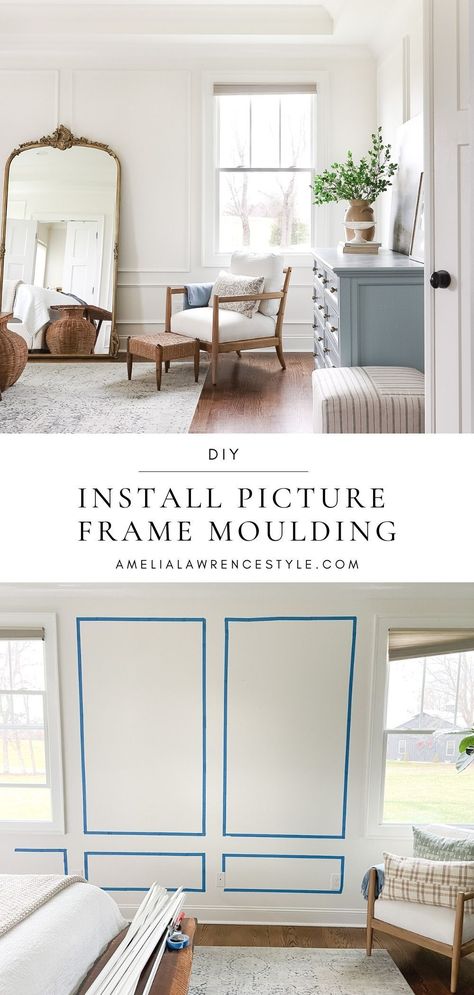 Trim On Living Room Walls, Diy Wall Moulding Bedroom, Picture Frame Trim Bedroom, Picture Frame Wainscoting Wall, Picture Frame Entry Way, Picture Frame Moulding On Walls Master Bedrooms, Picture Frame Molding Fireplace Wall, Picture Molding On Walls With Windows, Picture Frame Molding Wood Trim