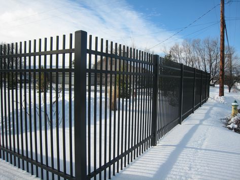 Ornamental Iron 6' Spear Top fencing provides elegance and a head-turning style to your property.  American Fence prefabricated ornamental fence panels are custom built for each section, built to 1/4" tolerances and are numbered to ensure custom installation. Metal Fence With Brick Columns, Brick And Aluminum Fence, Dallas Landscaping, Tall Iron Fence, Wood And Welded Wire Fence, Ornamental Fence, Iron Fence Panels, Storage Business, Steel Fence Panels