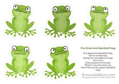 Five green frogs stick puppets  I love this song.  My baby sister (will be 45 in October) came home singing this from kindergarten 40 years ago. Five Green And Speckled Frogs, Frog Template, Frog Song, Speckled Frogs, Frog Puppet, Green Frogs, Frog Theme, Frog Crafts, Preschool Music