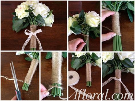 Wrap a Bouquet -DIY How To. Make this Jute Bouquet Wrap, with silk ... Bouquet Ribbon Wrap, Diy Wedding Bouquet Fake Flowers, Wrap A Bouquet, Thistle Boutonniere, Prom Flowers Bouquet, Diy Hair Clips, Silk Flower Bouquet, Wooden Wedding Guest Book, Bouquet Tutorial