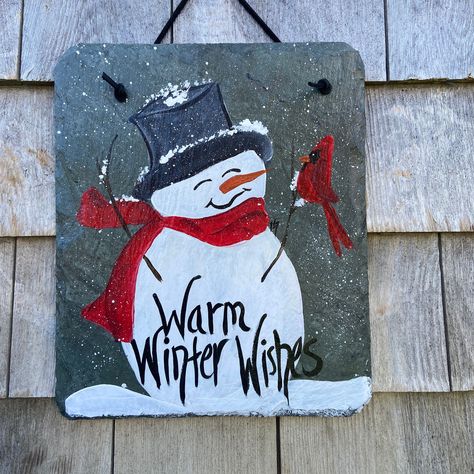 slate sign, winter slate welcome sign, Primitive snowman sign, winter door hanger, painted slate, welcome sign, winter welcome plaque****** If you would like something customized, please let me know*********Because each piece is hand painted no two are exactly alike. May vary slightly from photo.Ma Painting On Slate Ideas, Slate Painting Ideas, Slate Ideas, Slate Painting, Winter Door Hanger, Santa Paintings, Primitive Snowman, Painted Slate, Snowman Sign