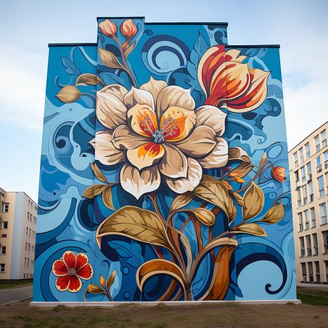 Flower Murals, Building Mural, Flower Graffiti, Shop Mural, Graffiti Flowers, Garden Fence Art, Garden Mural, Wall Street Art, Flower Mural