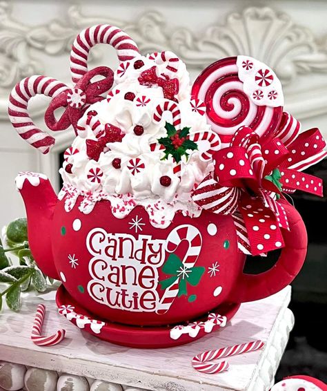 Peppermint Christmas Decor, Fake Desserts, Christmas Teapot, Candy Cane Decor, Cane Decor, Fake Sweets, Canes Decor, Candy Cane Lane, Fake Bakes