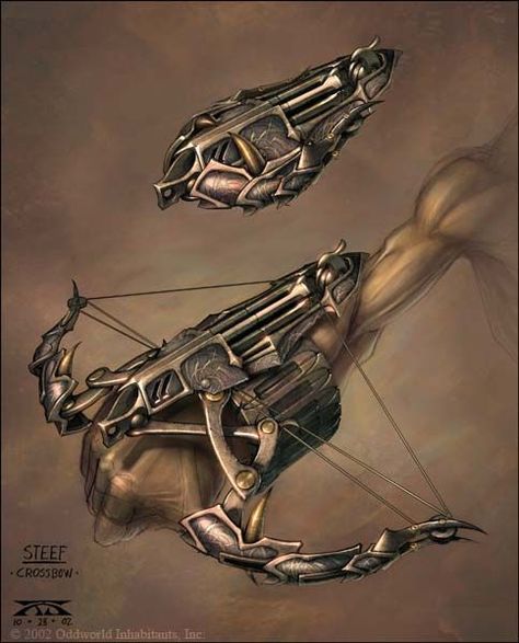 Things - Album on Imgur Cross Bow Fantasy, Bow Art Design, Arm Crossbow, Wrist Crossbow, Bow Fantasy, Raymond Swanland, Hand Crossbow, Oddworld Inhabitants, Cross Bow