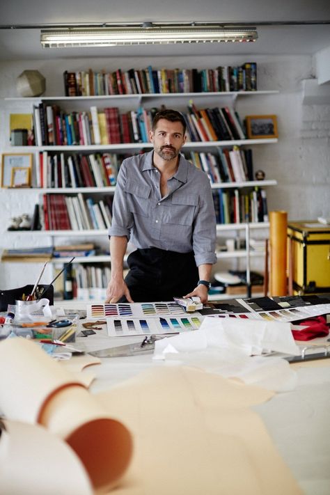 Meet Patrick Grant, the man at the forefront of fashion | British GQ | British GQ Mens Fashion Office, Patrick Grant, Business Man Photography, Man Office, Gray Coat, Corporate Portrait, Environmental Portraits, Business Photoshoot, Best Dressed Man