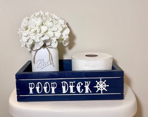 Navy Bathroom Decor, Beach Theme Bathroom Decor, Nautical Decor Diy, Ocean Themed Bathroom, Poop Deck, Ocean Bathroom, Coastal Bathroom Decor, Navy Bathroom, Wood Toilet