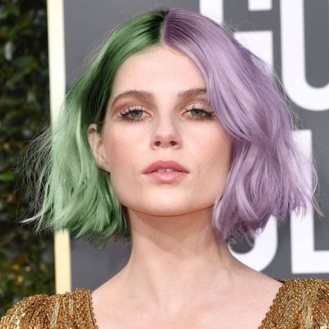 Half Green Half Purple Hair, Purple And Green Hair Short, Purple Split Hair, Split Dye Short Hair, Purple And Green Hair, Dyed Hairstyles, Short Purple Hair, Airy Fairy, Two Color Hair