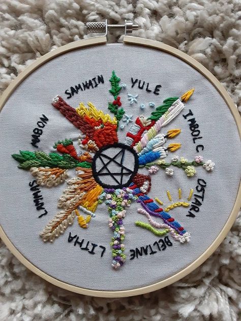 Rune Embroidery Patterns, Embroidered Wheel Of The Year, Wheel Of The Year Embroidery, Solstice Embroidery, Witchy Embroidery Patterns, Witch Embroidery Ideas, Earthy Witch, Witchy Embroidery, Pagan Crafts