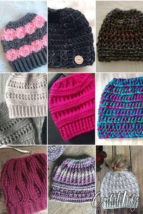 Always a fast and fun crochet project and perfect for anyone with a ponytail, these are the best beautiful messy bun hat crochet patterns! Beanie With Ponytail Hole Free Pattern, Free Crochet Ponytail Beanie, Crochet Beanie With Ponytail Hole, Ponytail Crochet Hat Pattern Free, Free Messy Bun Crochet Hat Patterns, Free Crochet Ponytail Hat Pattern, Messy Bun Beanie Crochet Pattern Free, Ponytail Beanie Crochet Pattern Free, Messy Bun Crochet Hat Pattern Free