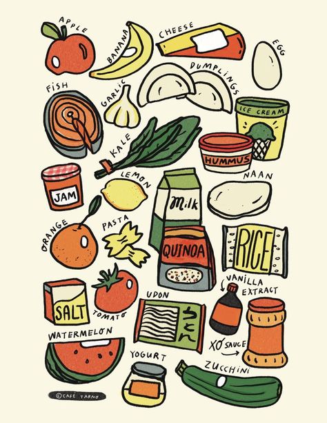 Illustrated poster featuring 26 common grocery store items. Hand drawn. Kitchen Art Prints Free Printables, Abc Wall Art, Grocery Store Items, Abc Wall, Illustrated Poster, Grocery Store Design, Food Wall Art, Apples And Cheese, Free Groceries