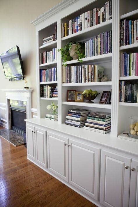 Library Storage Cabinet - Foter Book Shelves With Cabinets Below, Books On Built Ins, Living Room Cabinet Hardware, White Library Shelves, Partial Wall Built Ins, Book Cabinet Design, Book Shelves In Living Room, Room Bookshelf Ideas, Casa Rock