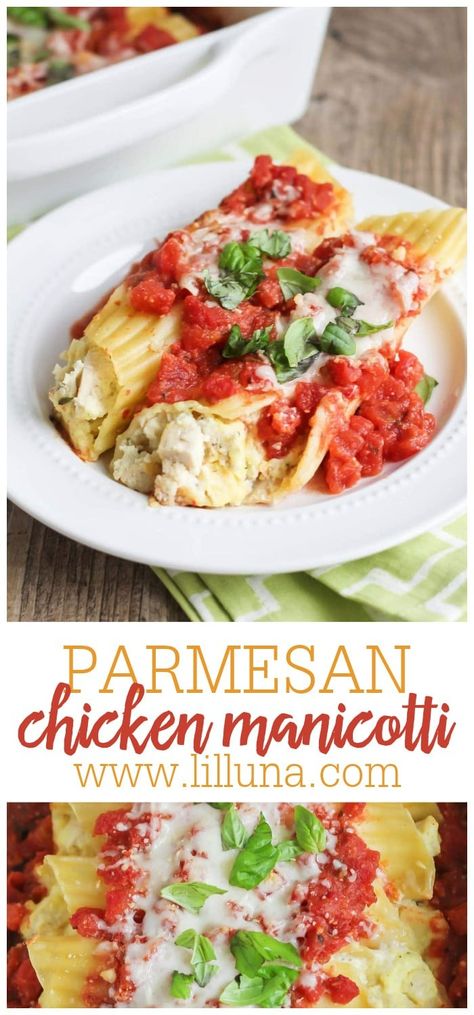 If you are a fan of Italian and are up for trying new recipes then I suggest this Parmesan Chicken Manicotti. These manicotti shells are stuffed with a cheesy chicken mixture, and topped with tasty marinara! #parmesanchickenmanicotti #manicotti #chickenmanicotti #manicottirecipe #chicken Chicken Parm Stuffed Manicotti, Manicotti Recipe Chicken, Chicken Stuffed Manicotti, Chicken Manicotti Recipe, Manicotti Shells, Chicken Manicotti, Manicotti Pasta, Pasta Casseroles, Stuffed Manicotti