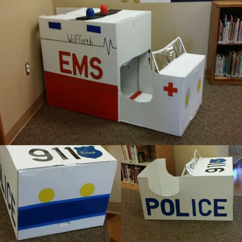 At the Wolfforth Public Library, boxes were used to create an ambulance and a police car to go along with this summer's theme, Every Hero Has A Story. Eyfs Curriculum, Book Angel, Transportation Theme Preschool, Community Helpers Unit, Purposeful Play, Community Helpers Theme, Community Workers, Community Helpers Preschool, Transportation Preschool