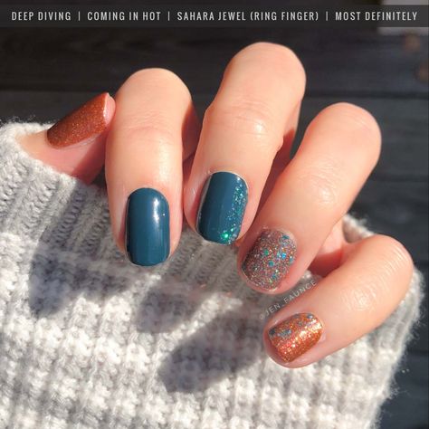 Teal and burnt orange. Used: Deep Diving, Coming In Hot, Sahara Jewel (ring finger), Most Definitely Teal And Burnt Orange Nails, Teal And Orange Fall Nails, Orange Teal Nails, Color Street Fall Nails, Teal And Orange Nails, Teal Fall Nails, Teal And Burnt Orange, Color Street Fall, Girly Nails