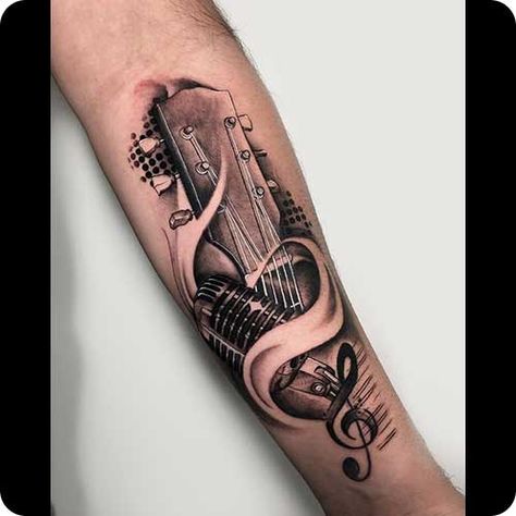 Singer Tattoo Ideas, Guitar Tattoo Ideas, Singer Tattoo, Guitar Tattoo Design, Music Tattoo Sleeves, Ancient Tattoo, Elements Tattoo, Guitar Tattoo, Music Tattoo Designs