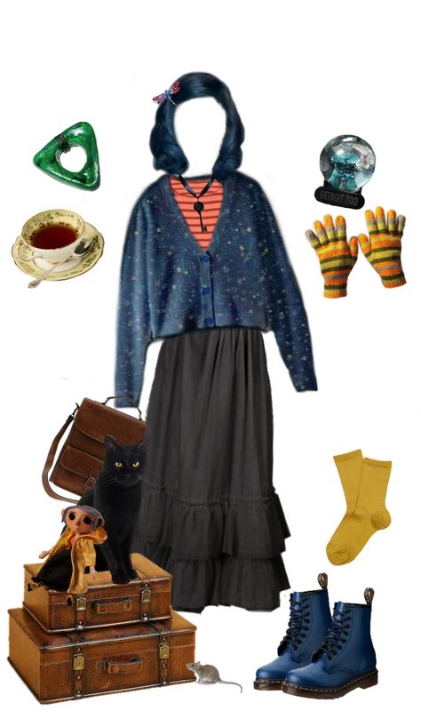 Coraline Jones Outfit, Coraline Clothes Aesthetic, Coraline Outfits From Movie, Coraline Outfit Ideas, Coraline Outfit Aesthetic, Coraline Fashion, Coraline Aesthetic Outfit, Tim Burton Inspired Outfits, Coraline Clothes